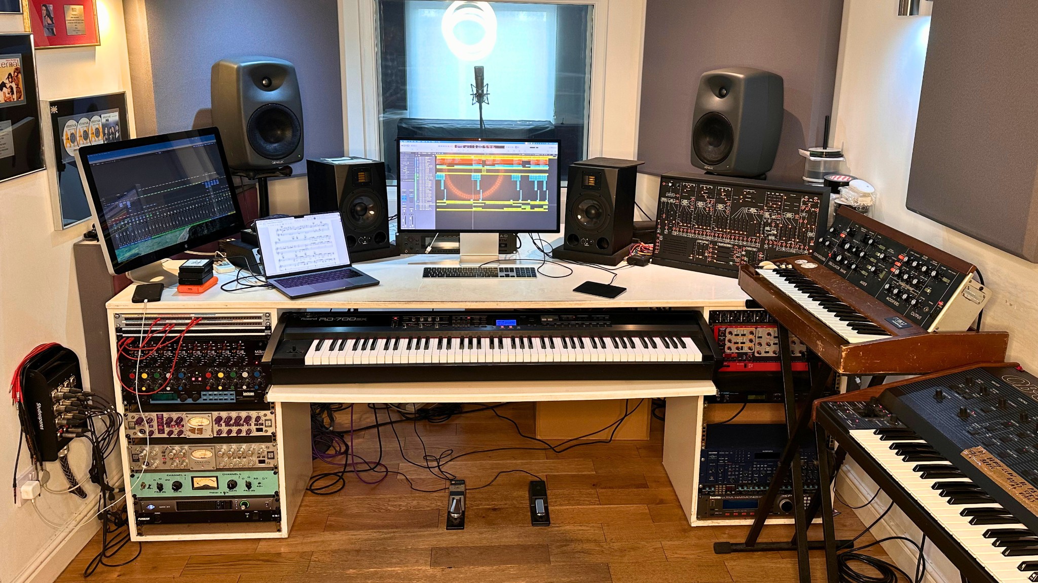 Greystoke Studio control room with Genelec monitors, recording screens and desk